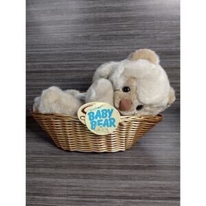 Vintage‎ Plush Newborn Baby Brown Bear Cub 12” Laying Basket Baby Shower Gifts